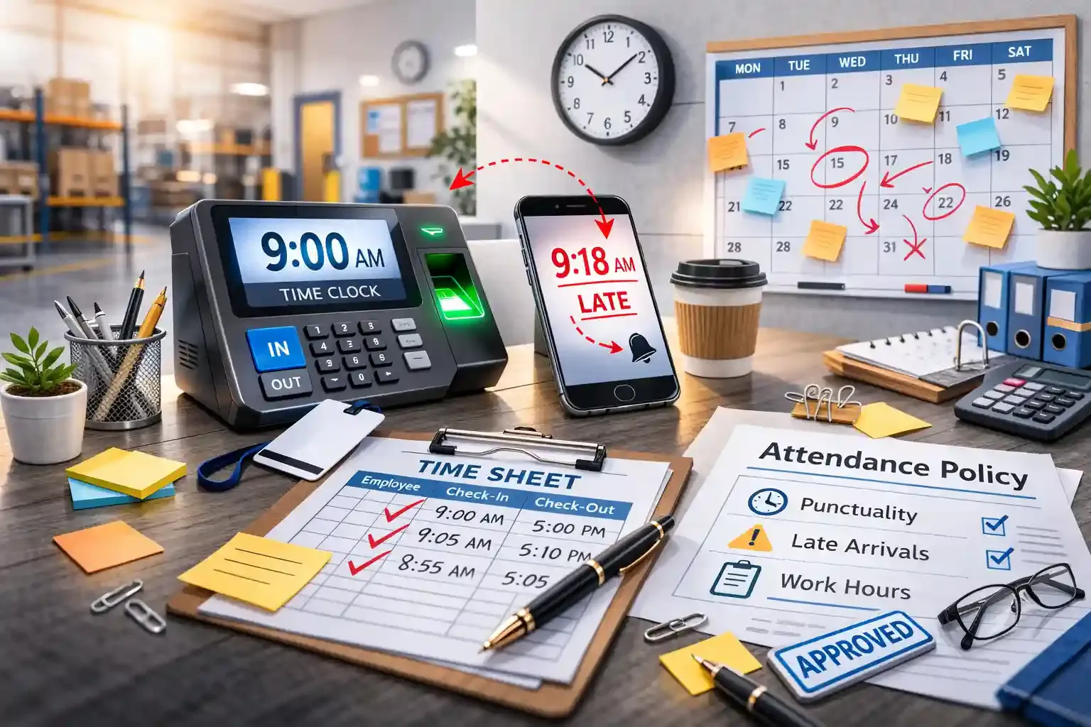 Time clock 9:00 AM beside phone showing 9:18 AM in office setup